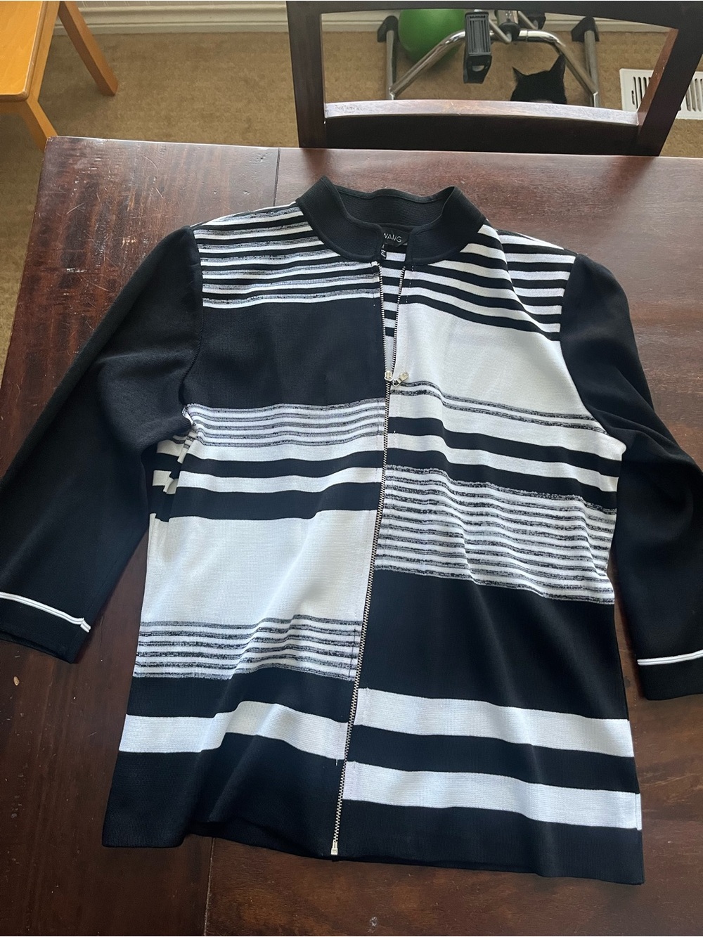Ming Wang Black and White Striped Zip Cardigan